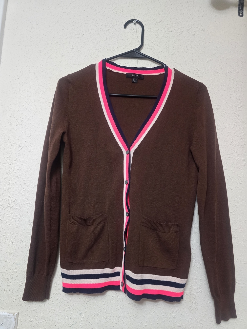 J. Crew Brown Cardigan with Pink and Navy Stripe Trim